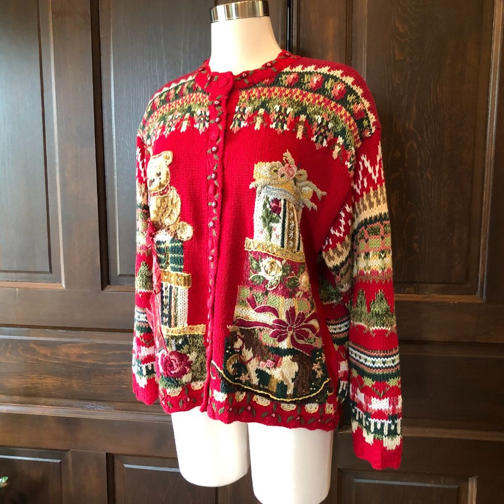 Vintage Tiara Petites Size PM Red Cardigan Sweater 2000 Teddy Bear Fair Isle - Picture 2 of 13